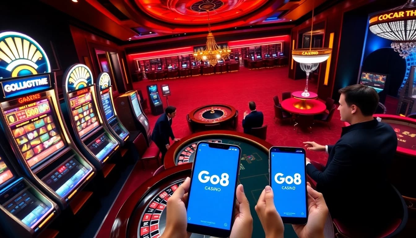 Exciting Go8 online casino gaming experience with slot machines and poker tables.