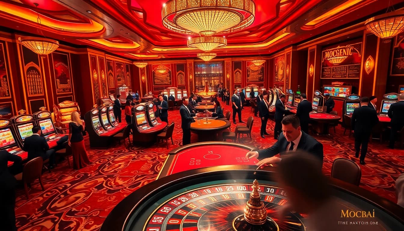 Mocbai casino scene featuring luxurious gaming tables, vibrant slot machines, and excited players celebrating a win.