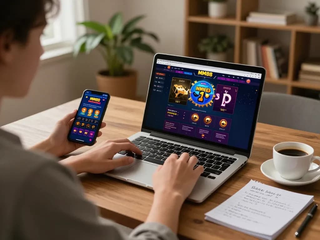 Player engaging with MM88 online casino on laptop and mobile, cozy gaming setup.
