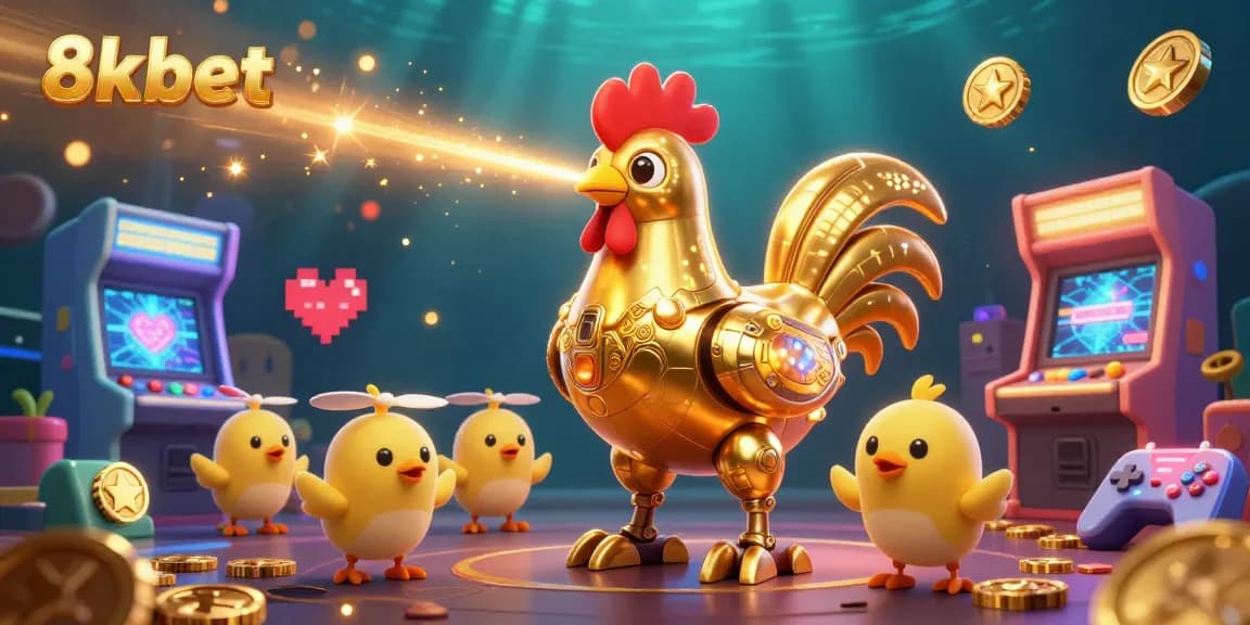 Experience the thrill of 8kbet with a dazzling casino scene featuring a golden rooster robot and baby chick drones.