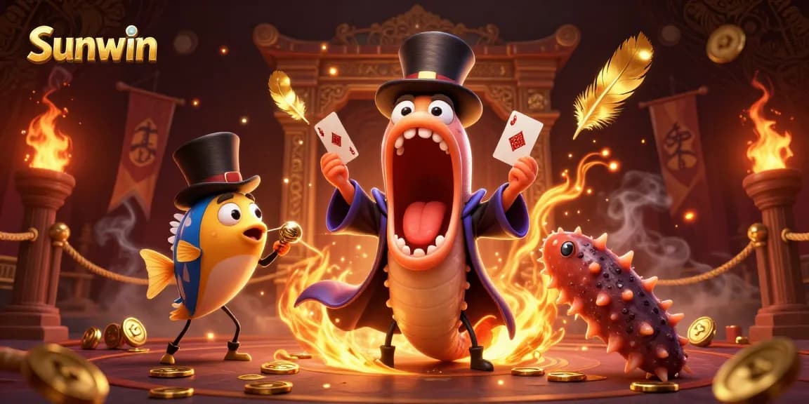 Sunwin offers thrilling card tricks with unique sea creatures performing in a vibrant casino scene.