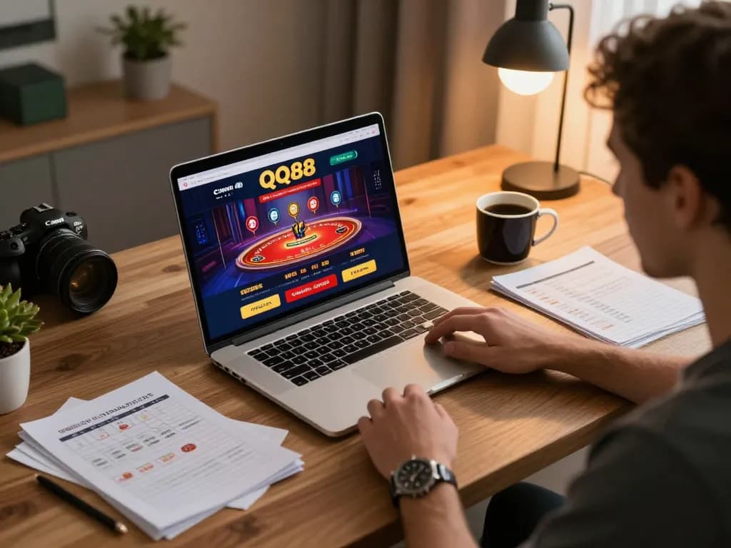 Player engaging with QQ88 online casino interface at home with focused strategy notes.