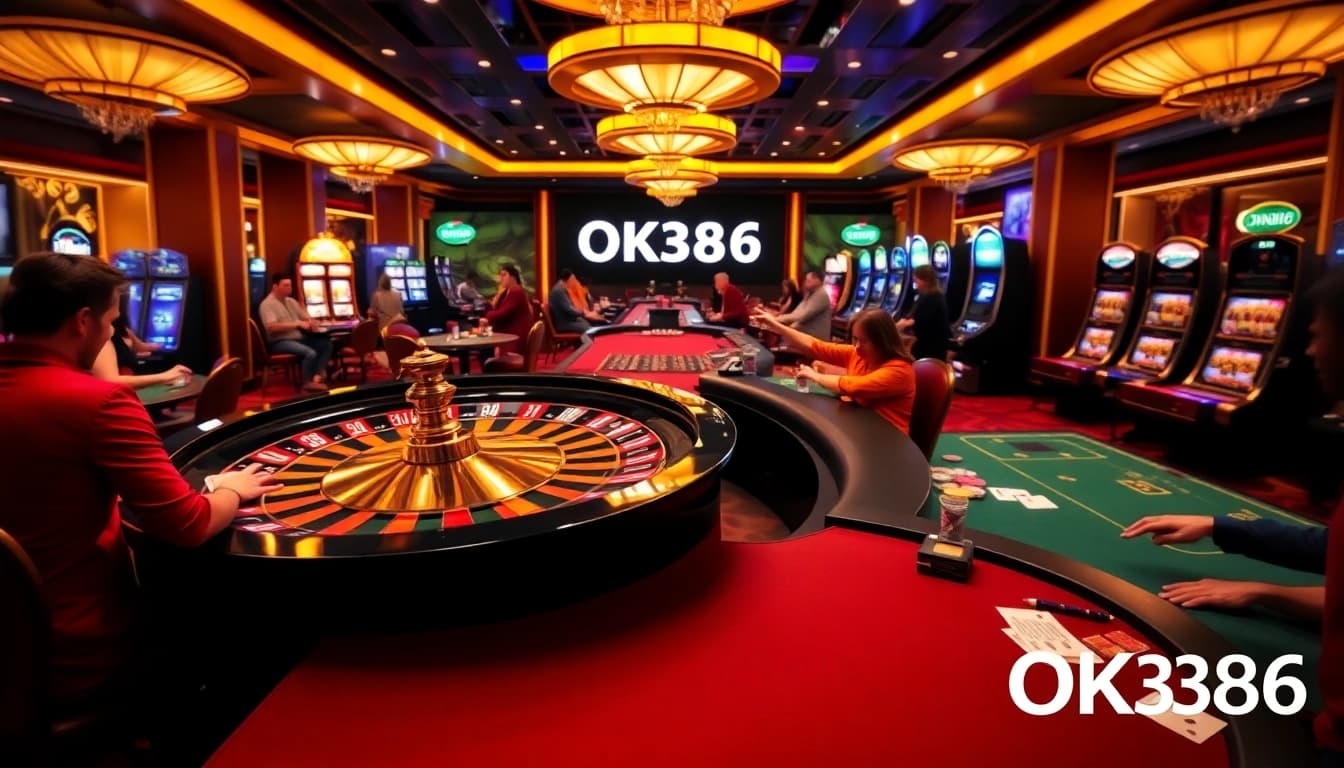 Excited players gamble at OK8386's roulette and poker tables in a luxurious casino setting.