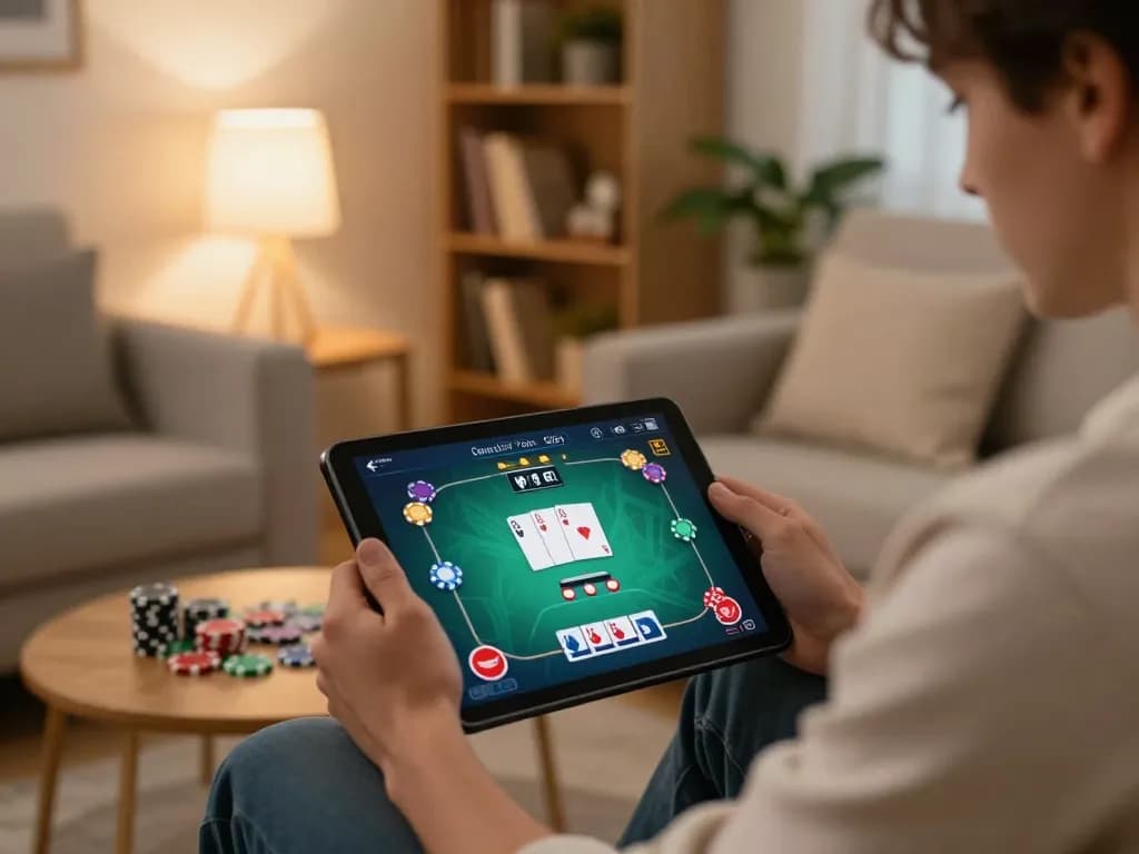 Engaging in online gambling at https://nk88.actor/ on a tablet in a cozy home setting