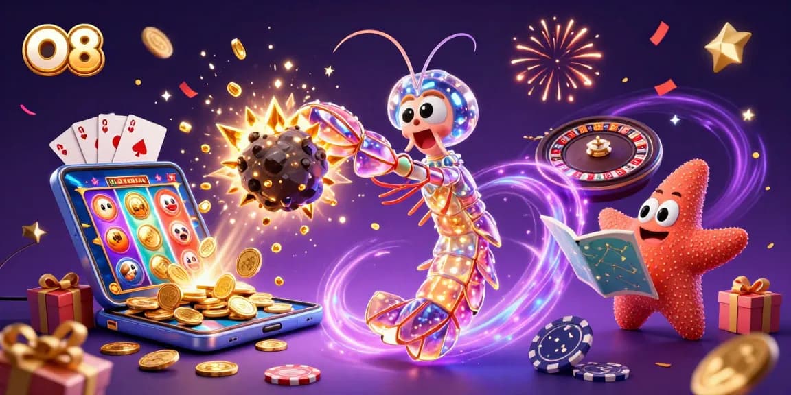 O8 players engage in thrilling slot action with colorful reels and golden coins bursting forth, creating a vibrant casino atmosphere.