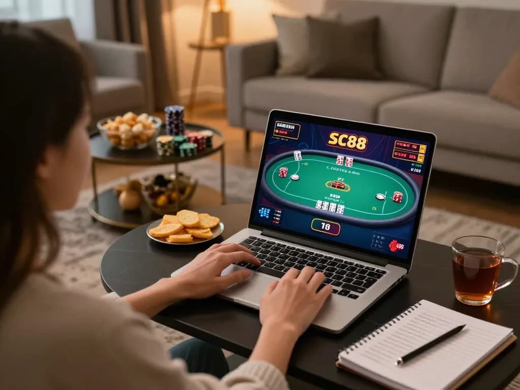 Player immerses in SC88 online casino gaming, engaging in a poker match at home.