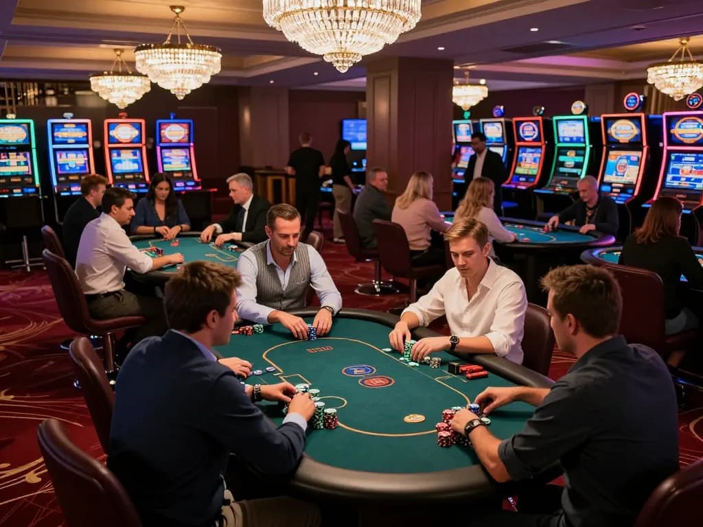Kuwin players engaged in poker with vibrant atmosphere and luxury decor at an upscale casino.