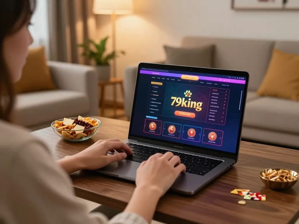 Engaging in online gaming at 79king with laptop on a cozy living room table.