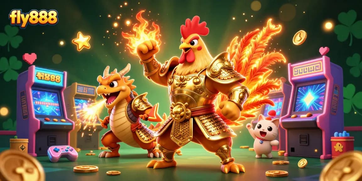 Experience the excitement of fly888 with a vibrant 3D illustration of gaming characters and casino elements.