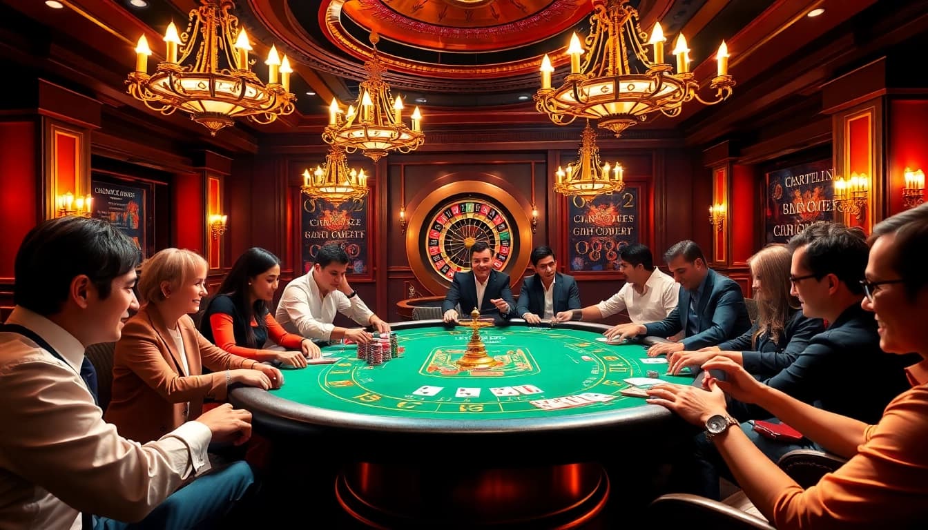 Experience NK88's thrilling poker gameplay at a luxurious casino table surrounded by excited players.