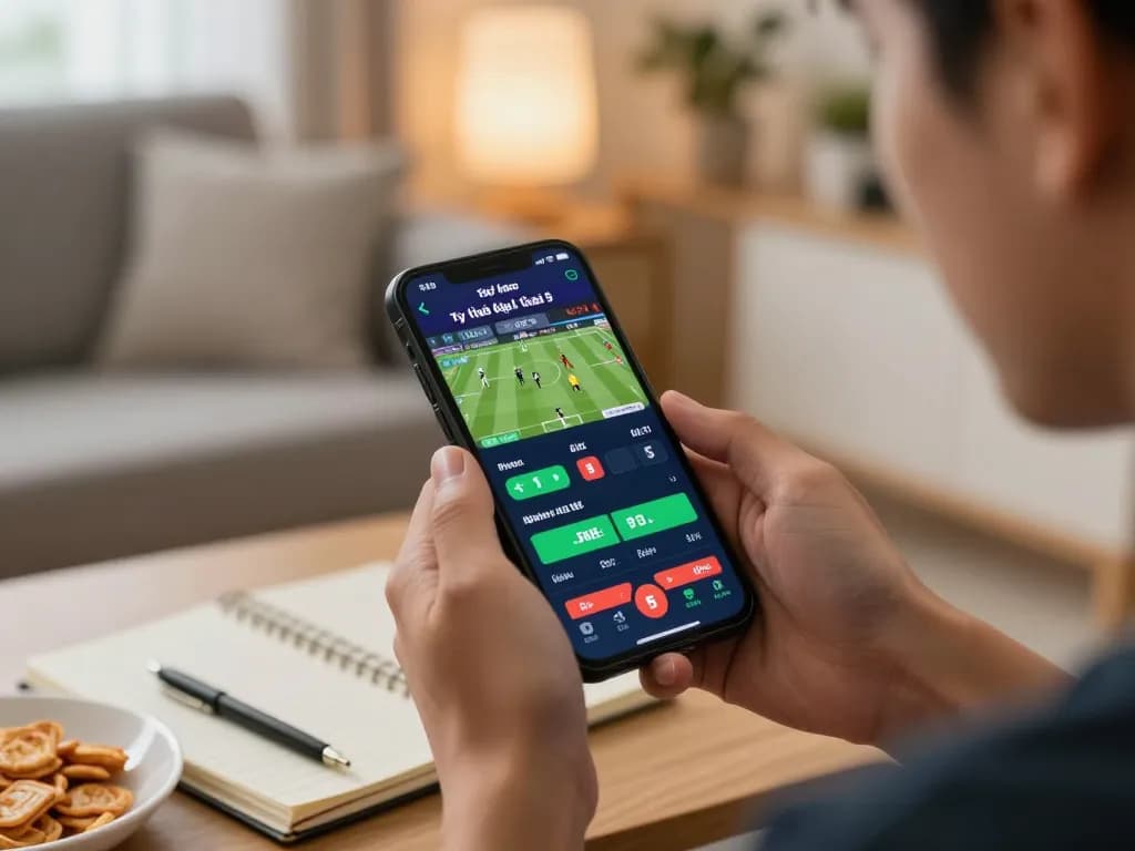 Engaged user checking tỷ lệ kèo nhà cái 5 during online sports betting session at home