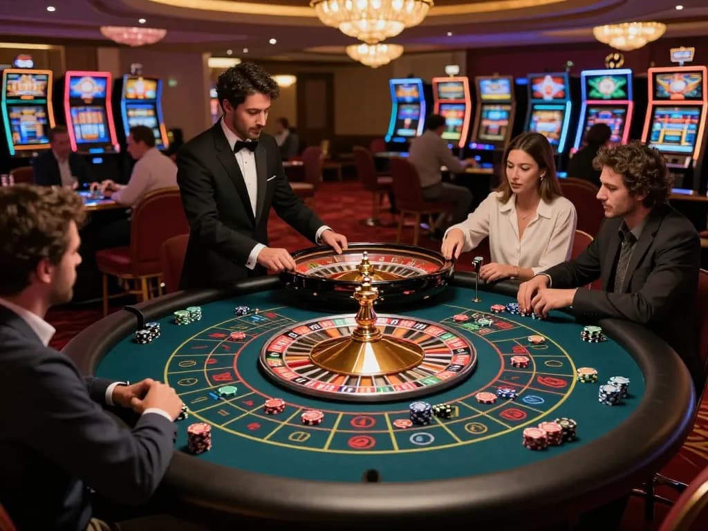 C184 roulette wheel spinning fast with players placing bets in a luxurious casino