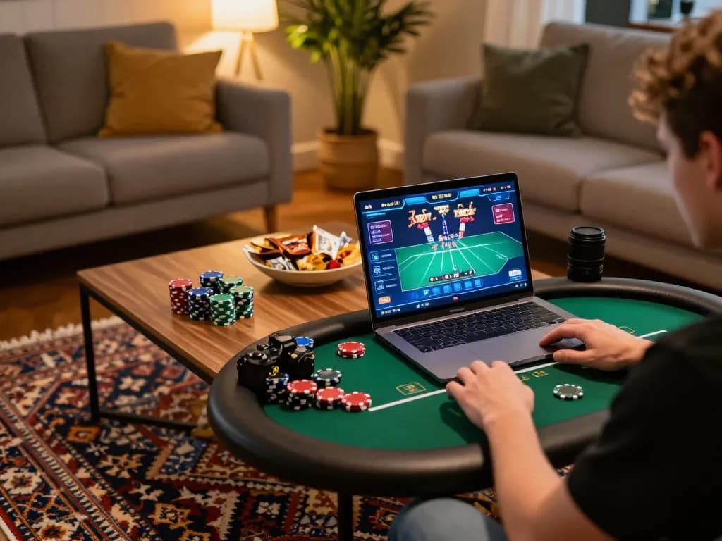 Engaging in online poker gameplay at home with ee88go, showcasing vibrant atmosphere and strategy.