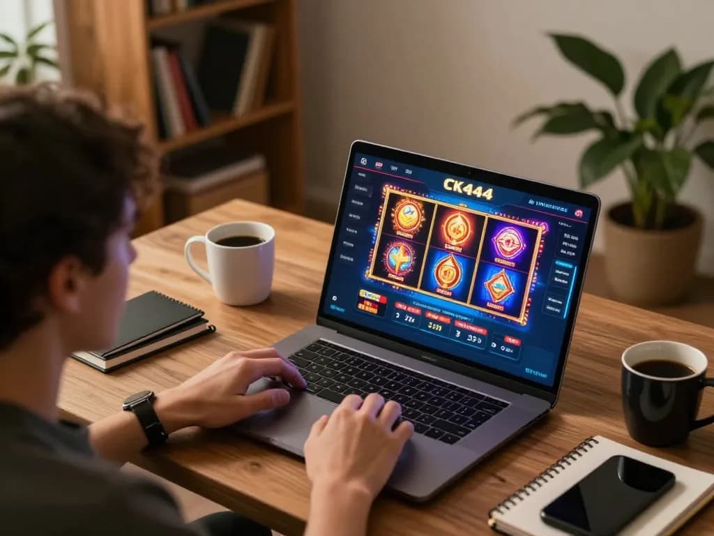 Engaged player enjoying CK444 on laptop at home, showcasing responsible gaming experience and vibrant slot games.