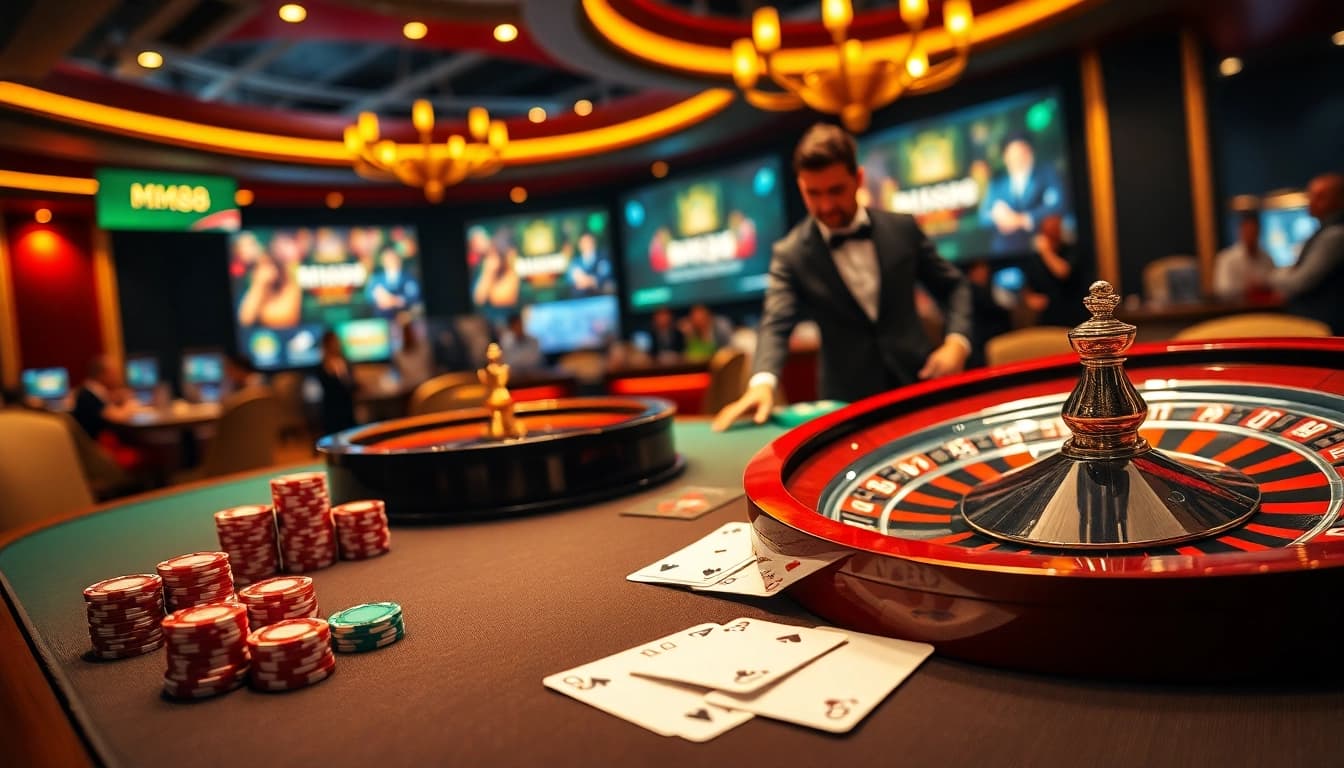 Experience the thrill of m88 at a luxurious casino gaming table with energetic players and vibrant roulette wheel.