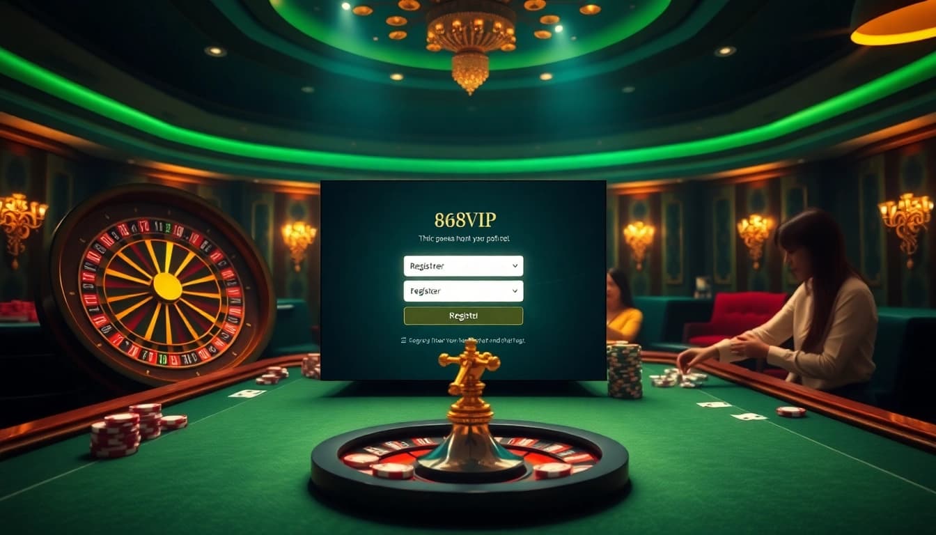 Interactive gaming experience showcasing Đăng Ký Nhà Cái 68VIP with casino tables and betting slips.