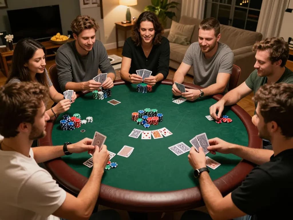 Engaging poker night at home with friends, showcasing MM88 gaming strategy and social interaction around a vibrant table.