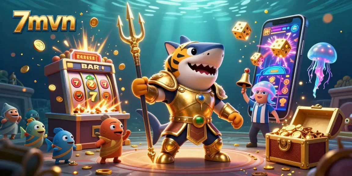 Experience exhilarating action at 7mvn with a vibrant jackpot scene featuring a tiger shark and slot machine.