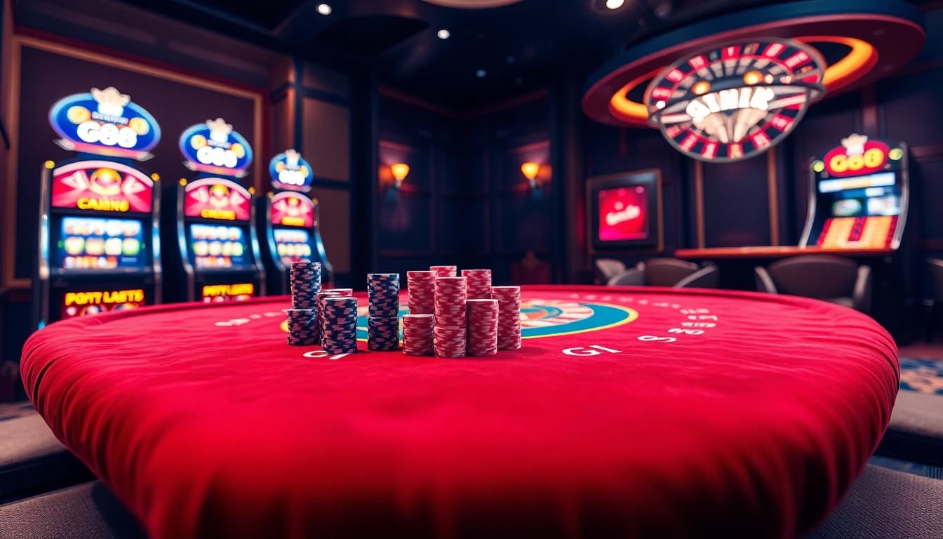 Players engaging with the vibrant GG88 casino table, surrounded by poker chips and bright slot machines.