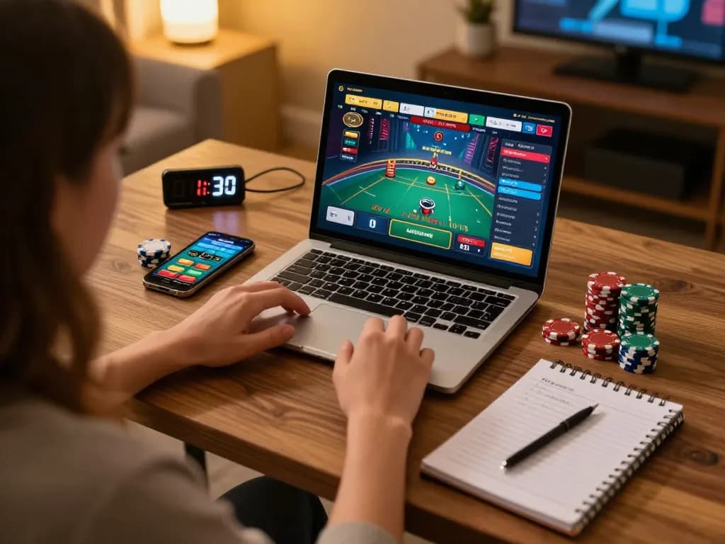 F168 player strategizing online casino game with a laptop, poker chips, and betting notes in a cozy setting