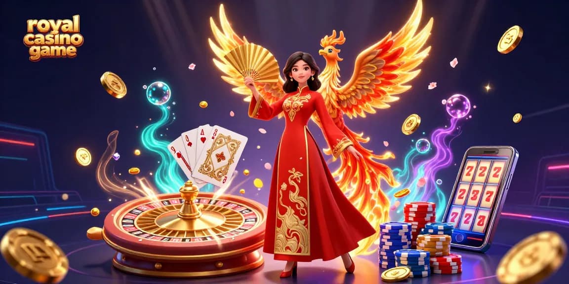 Play the royal casino game amidst a vibrant display of cascading coins, vibrant characters, and casino elements.
