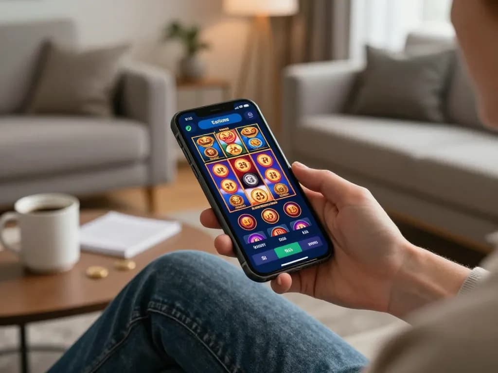 Engaging with the 8xbet app on a smartphone while strategizing comfortable home gameplay.