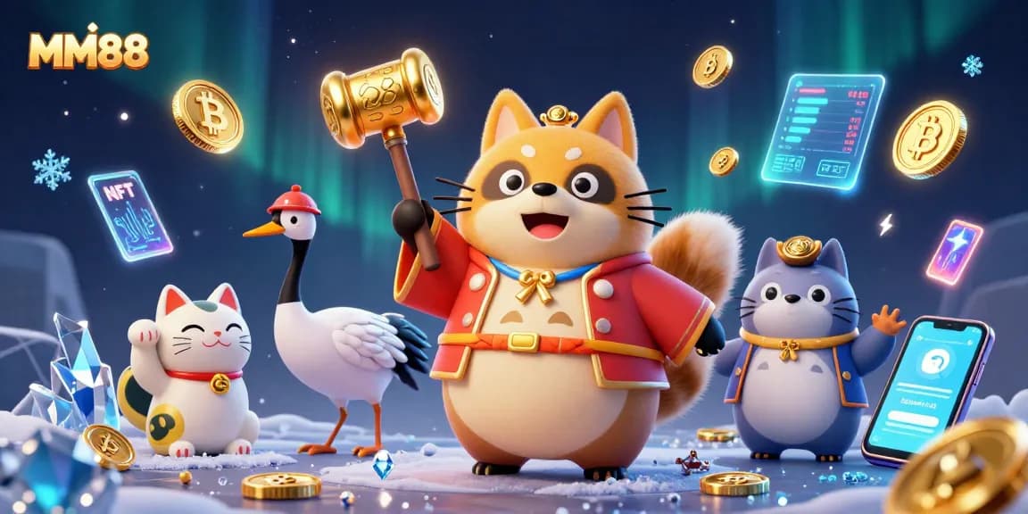 Experience the vibrant MM88 casino scene with festive characters and cryptocurrency elements.