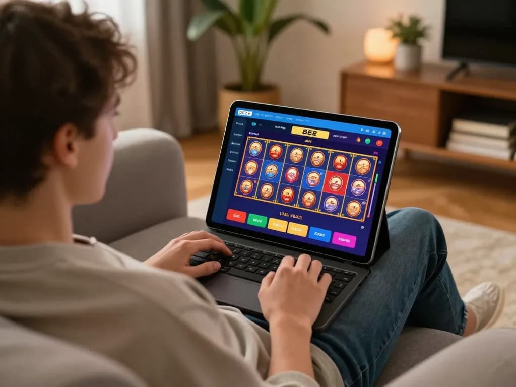 Engaging gameplay on the 8EEE app, showcasing dynamic slots and casino options in a cozy setting