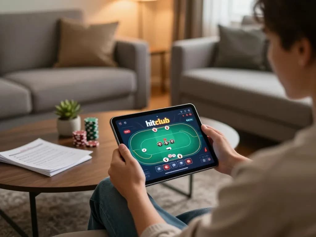 Engaging gameplay on hitclub app reveals vibrant poker strategies in a cozy home.