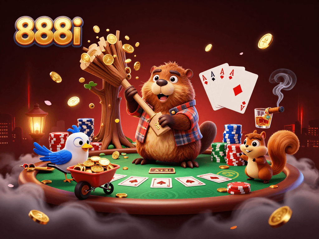 Engage with 888i's exciting atmosphere featuring a 3D cartoon scene of a beaver, bird, and squirrel amidst golden coin rain.