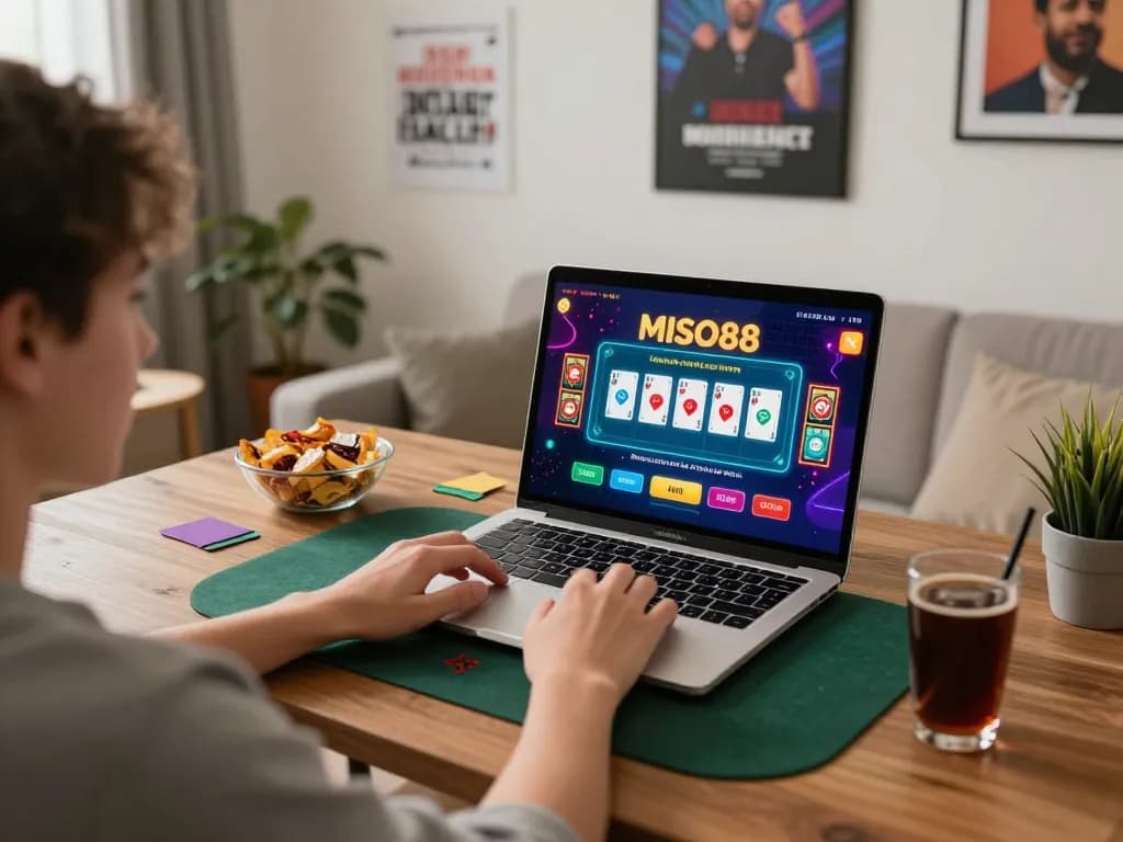 MISO88 player engaging in an online baccarat game at home, showcasing a vibrant gaming atmosphere