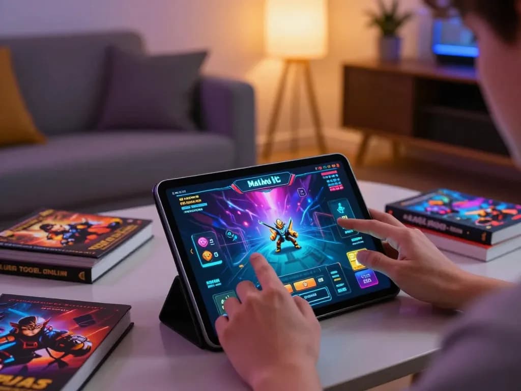 Terlibat dalam mejavip togel online di tablet dalam pengaturan permainan di rumah yang nyaman.