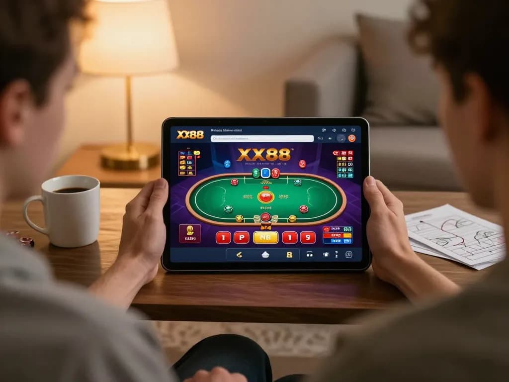 Engaged player using XX88 casino app on tablet, showcasing dynamic online gaming atmosphere.