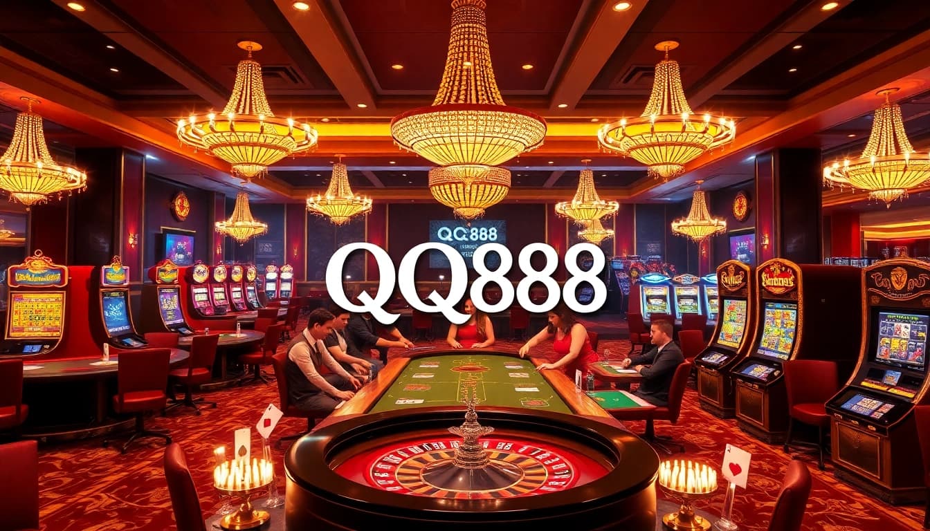 Players enjoying various casino games in a luxurious QQ88-themed setting.