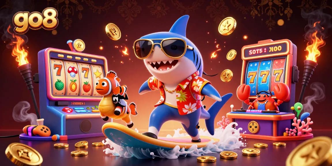 Experience thrilling gaming at go8 with a lively scene of slot machines and vibrant characters.