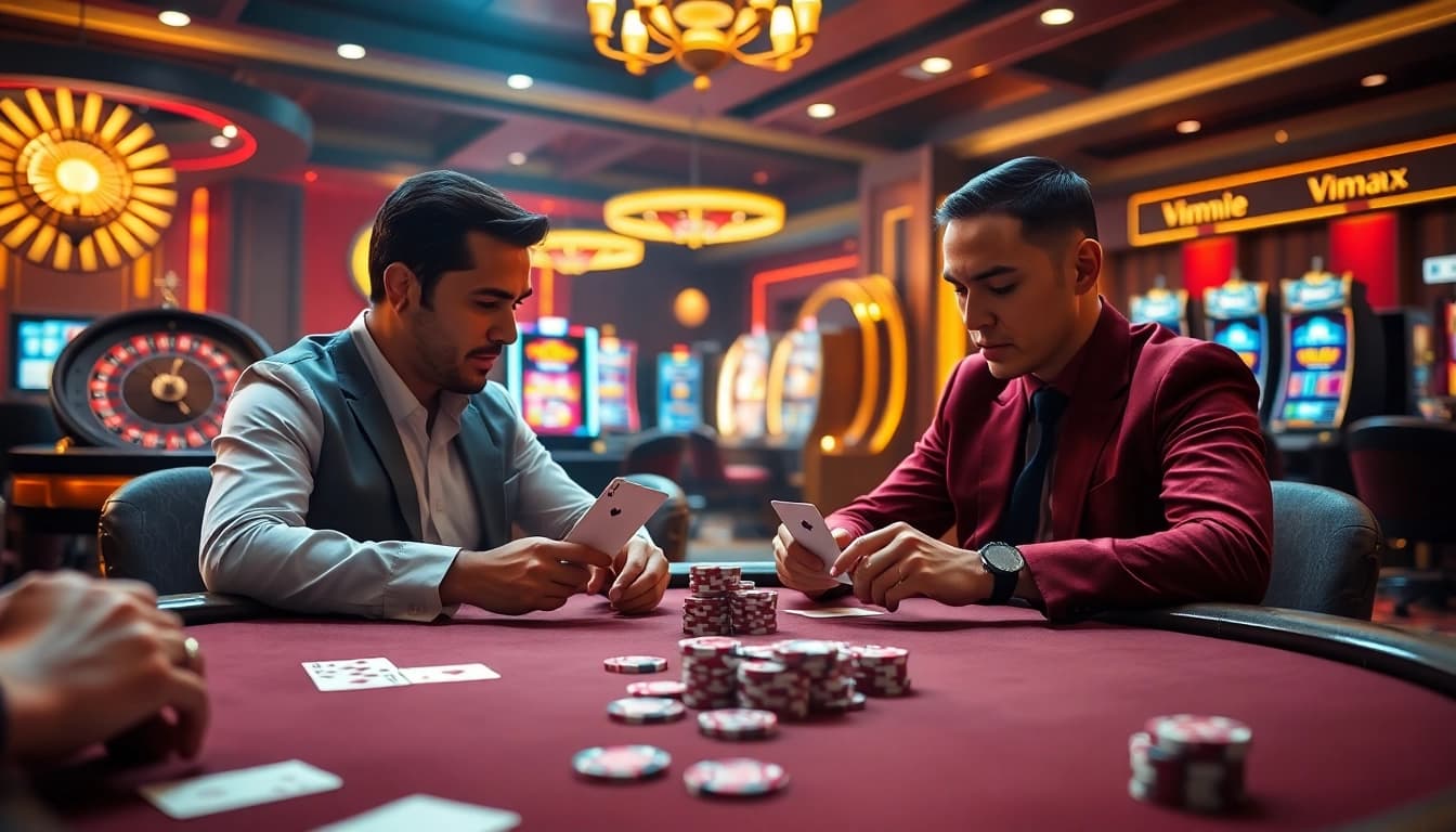 Engage in an exhilarating poker game at Vmax casino, featuring luxurious cards and vibrant chips.