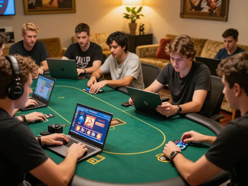 Players engaged in exciting online gaming sessions using vmax casino app on laptops and tablets in a cozy setting.