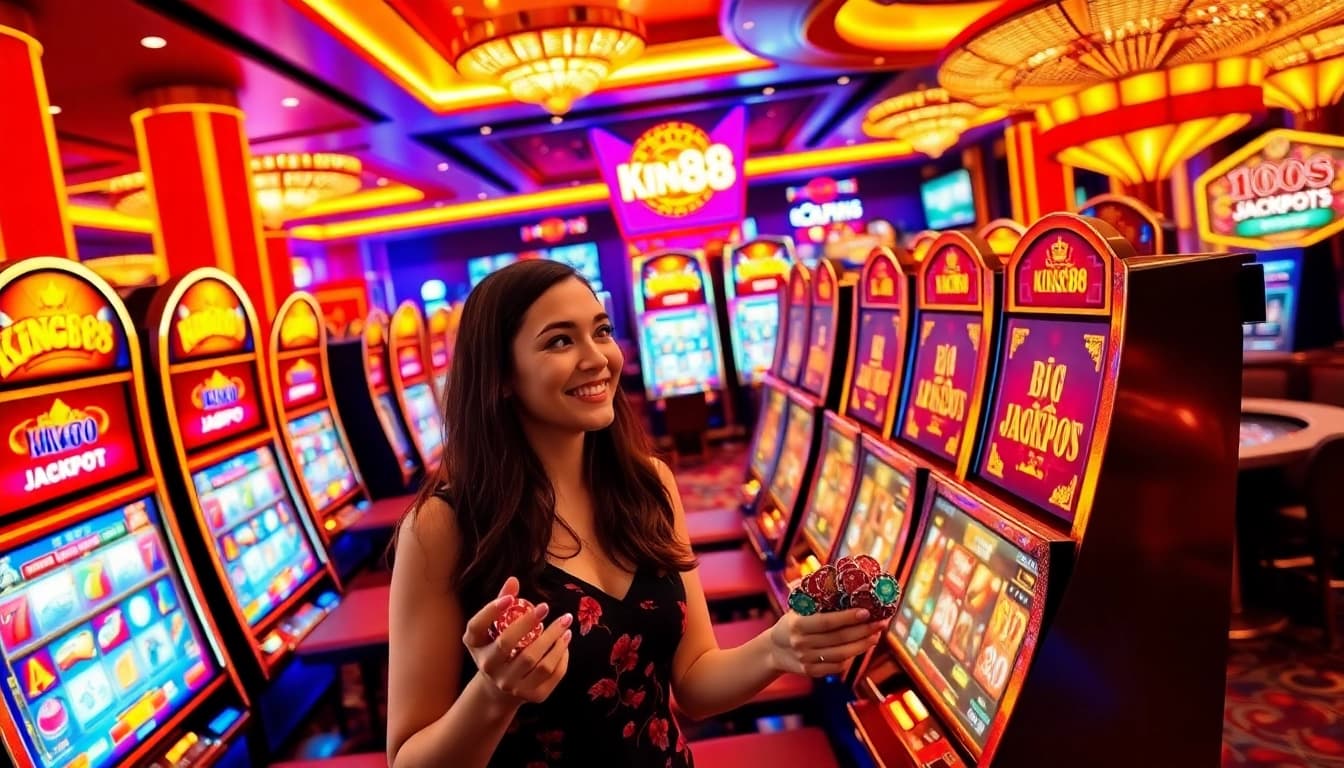 Experience the excitement of King88 Slot Game with vibrant machines and eager players in action.