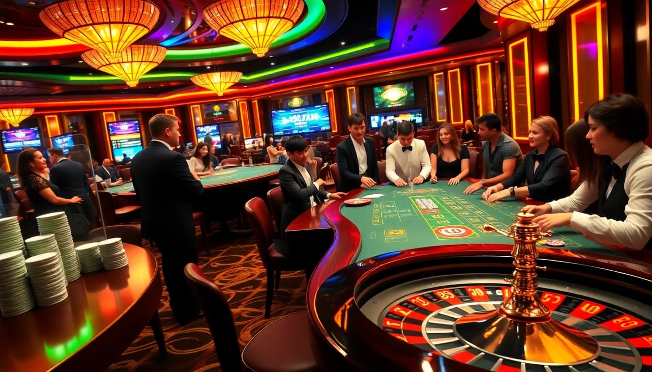 High-stakes betting at a hubet casino table with colorful chips and excited players.