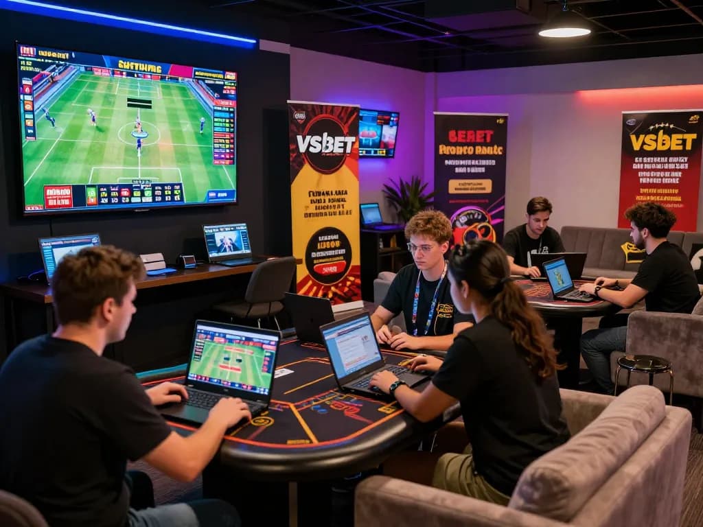 Exciting Vsbet online gambling scene featuring players engaged in sports betting and casino games, showcasing lively graphics and a vibrant atmosphere.