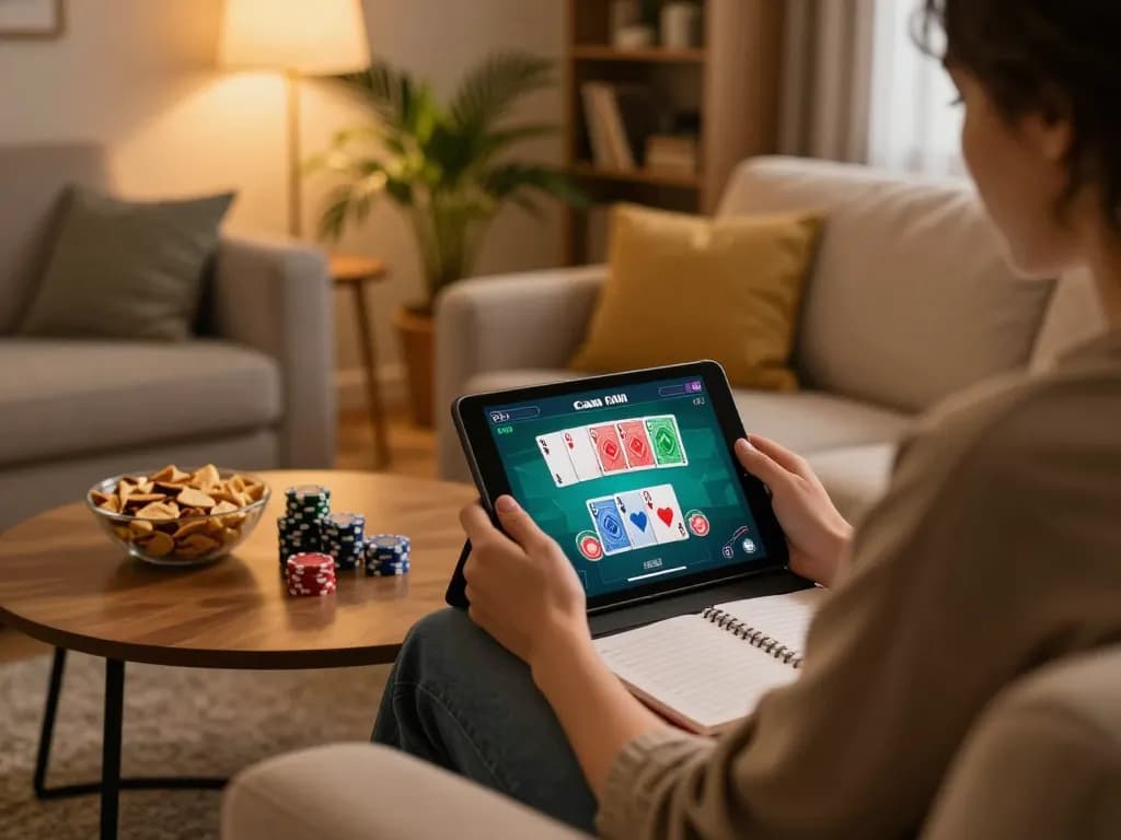 Engaged player explores NOHU90's online poker game on a cozy tablet setup.