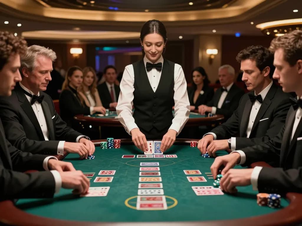Players engage in an intense game of blackjack at mb66 casino, highlighting strategic gameplay and luxury atmosphere