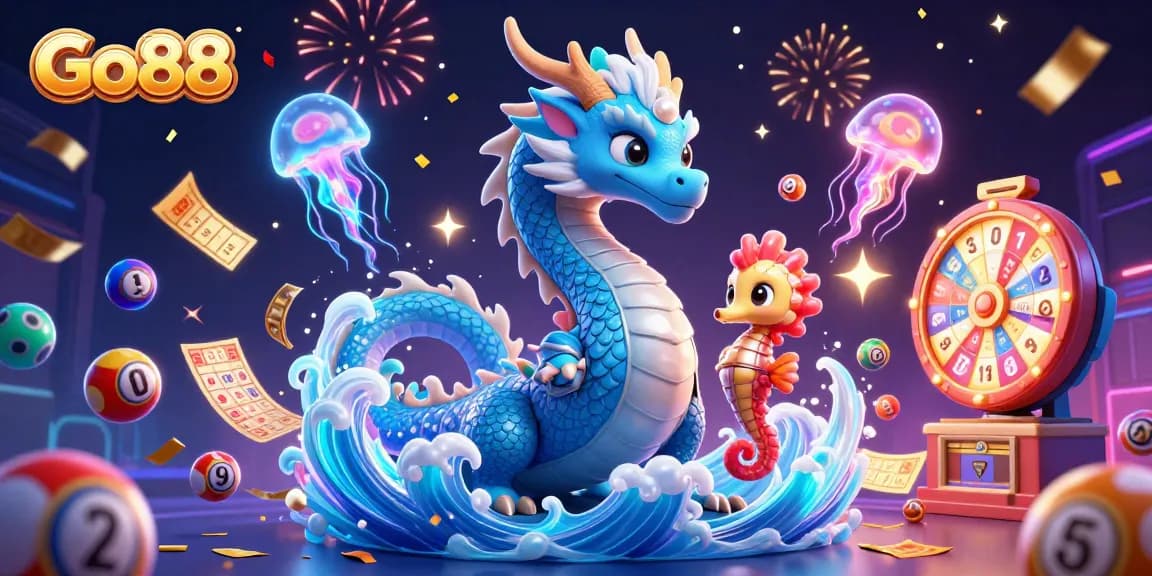 Engage with Go88's vibrant 3D illustration showcasing thrilling lottery and gaming elements.