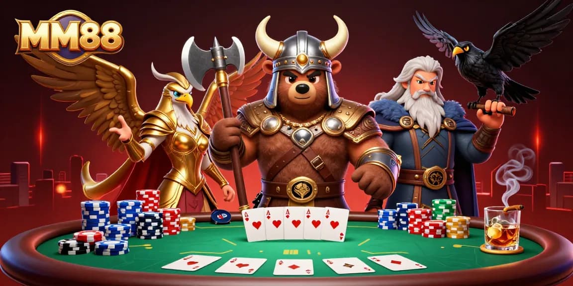 Engage in thrilling games with MM88, featuring fierce characters and vibrant casino elements.