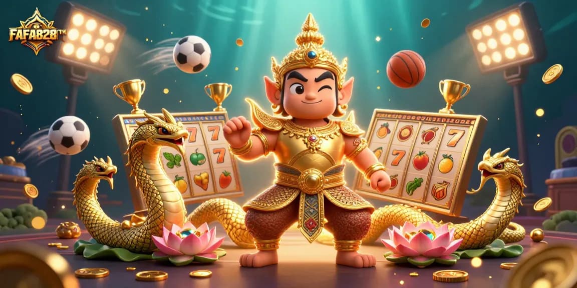 Engage with the thrilling world of FAFA828TH through a vibrant scene of a guardian and golden slot reels.