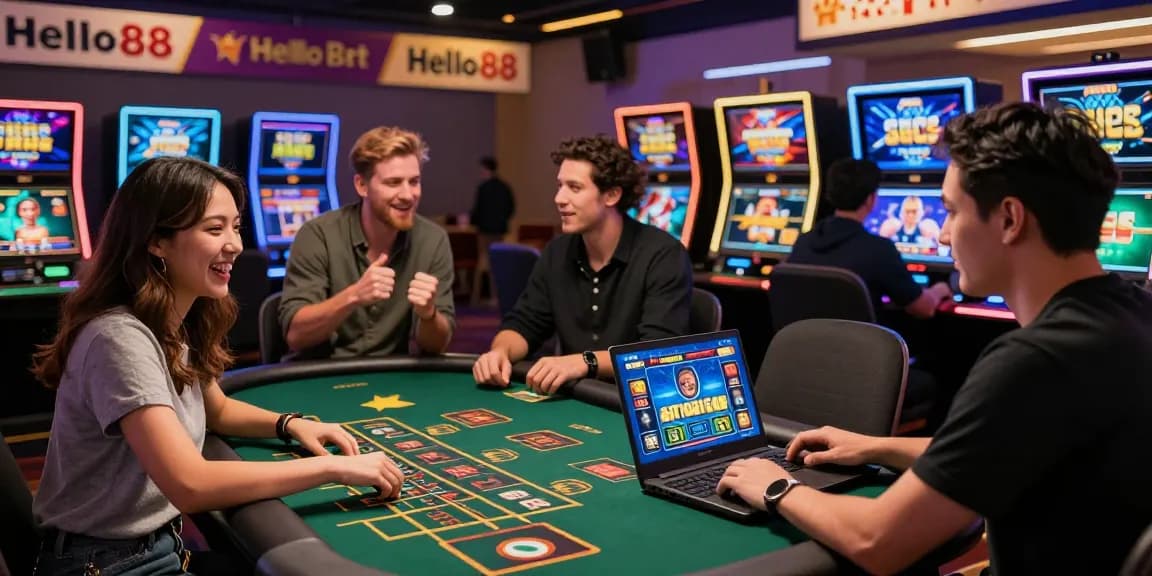 Hello88 online casino scene depicting players enjoying diverse gambling activities in a vibrant and exciting environment, showcasing the fun of online betting.