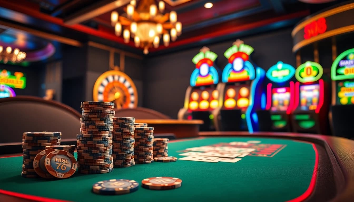 Mint88: High-stakes poker gameplay showcasing vibrant casino elements and luxury.