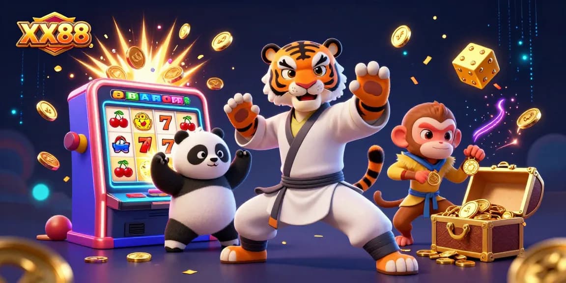 Play thrilling slots at XX88 with a dynamic 3D scene of exciting characters and casino elements.