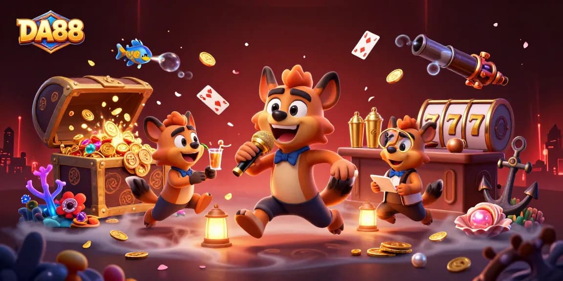 Engage with DA88 in this vibrant casino scene with hyenas handling comedy and cocktails.