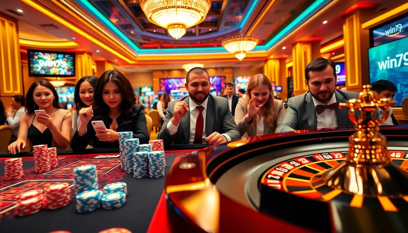 Engaging gameplay at win79 casino table with vibrant poker chips and a roulette wheel.